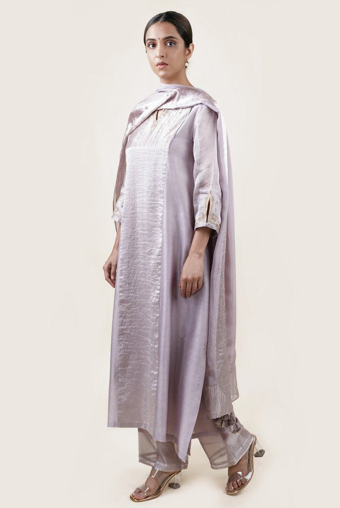 Grey Tissue Stripes/Chanderi Silk - A-line Kurta Set - CiceroniBhavik Shah