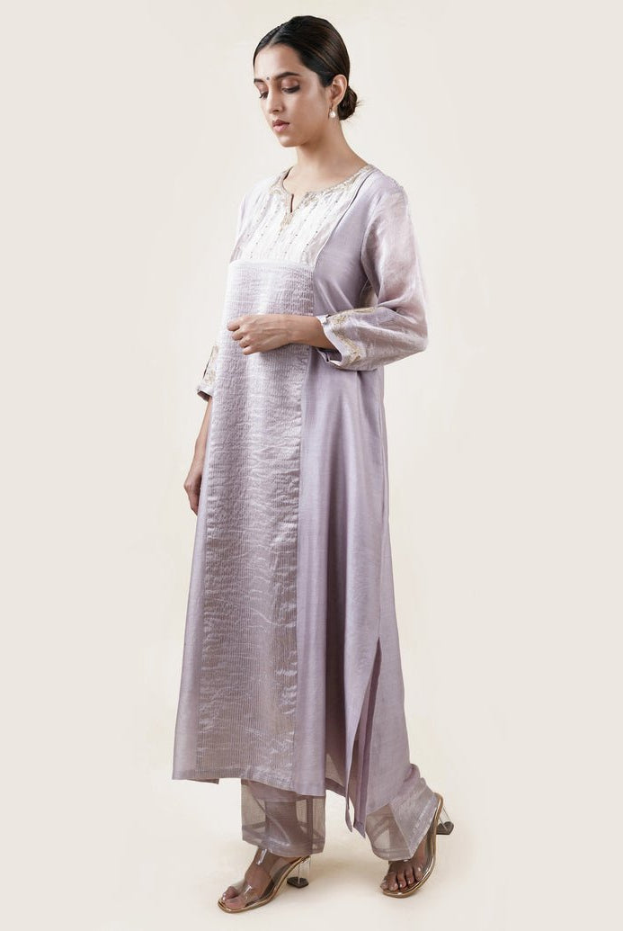 Grey Tissue Stripes/Chanderi Silk - A-line Kurta Set - CiceroniBhavik Shah