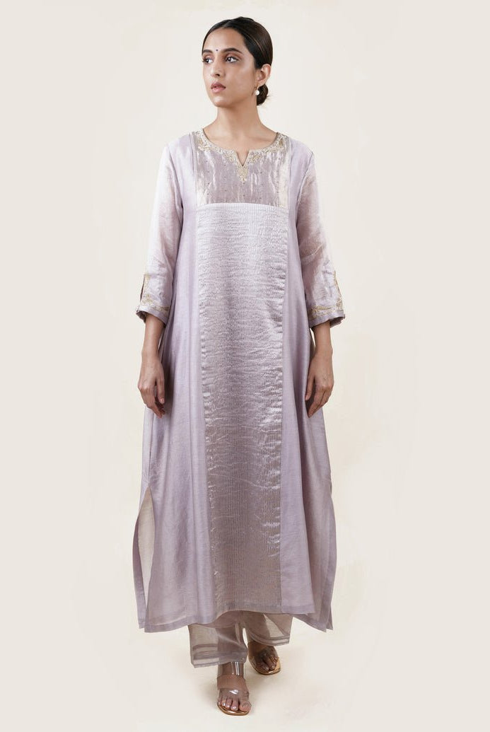Grey Tissue Stripes/Chanderi Silk - A-line Kurta Set - CiceroniBhavik Shah
