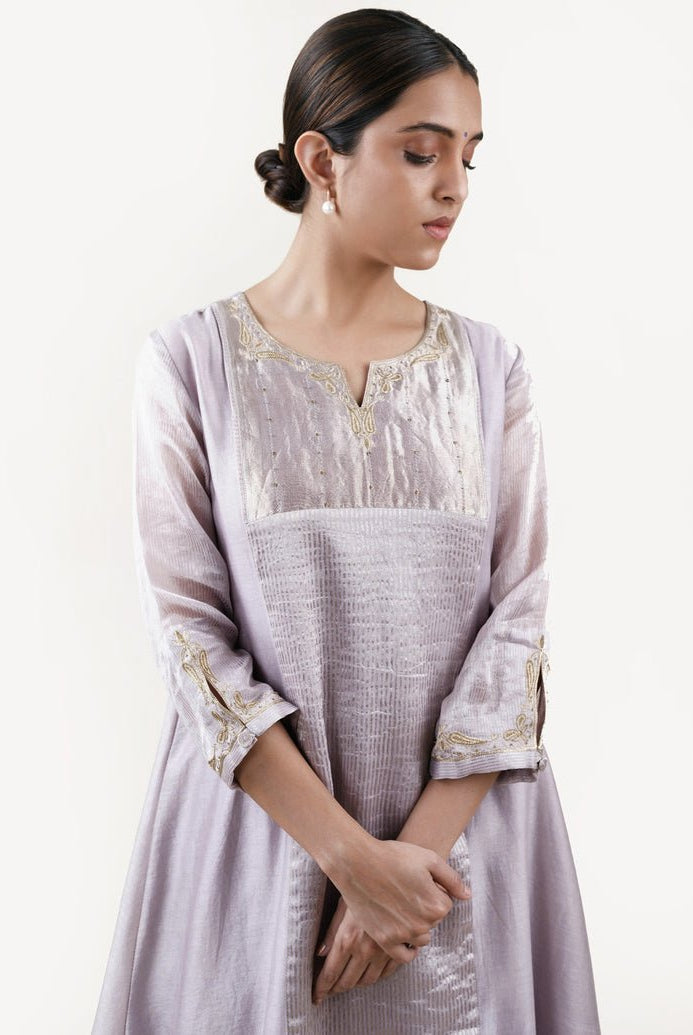 Grey Tissue Stripes/Chanderi Silk - A-line Kurta Set - CiceroniBhavik Shah