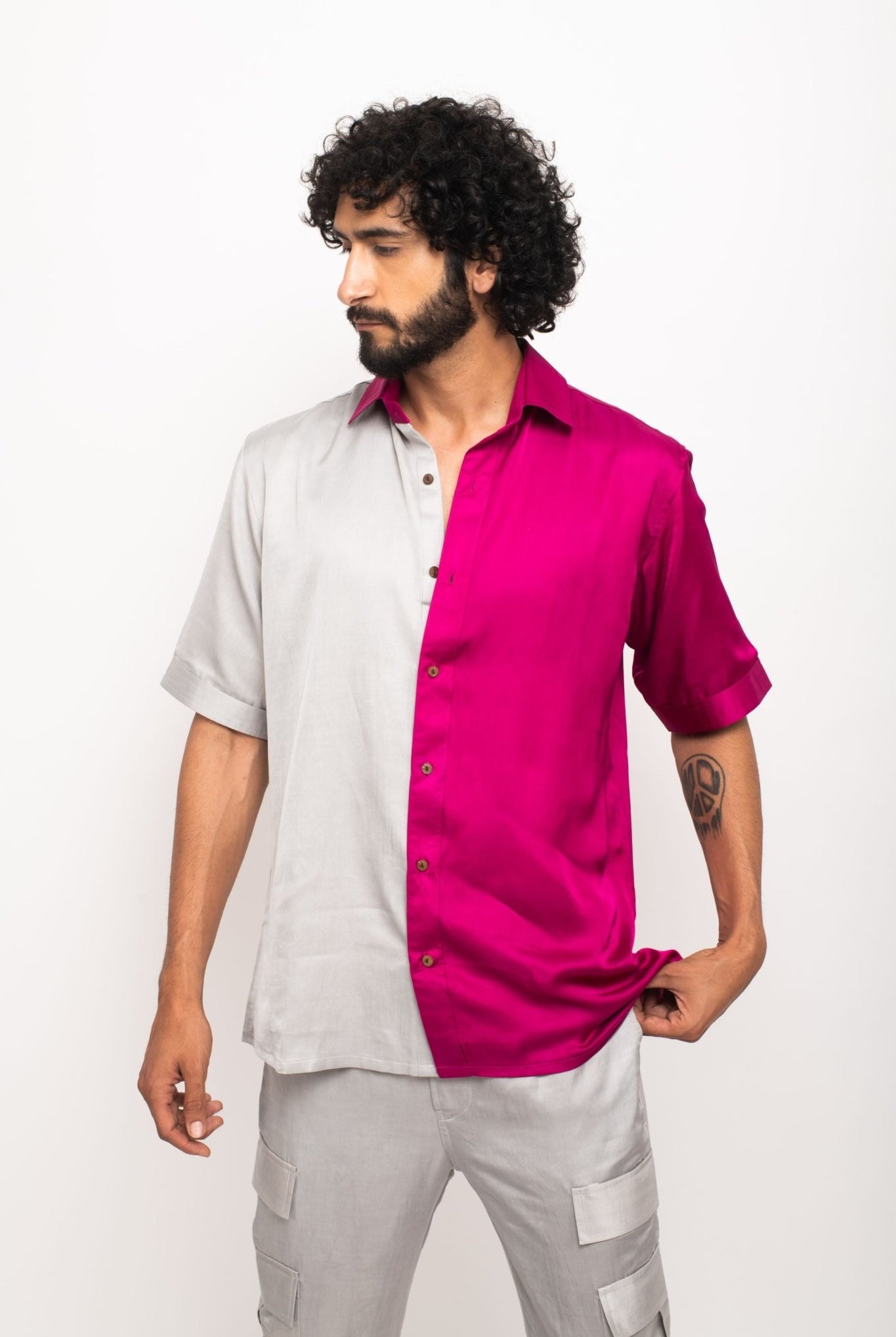 Grey-Wine Colour Blocked Shirt - CiceroniNeora