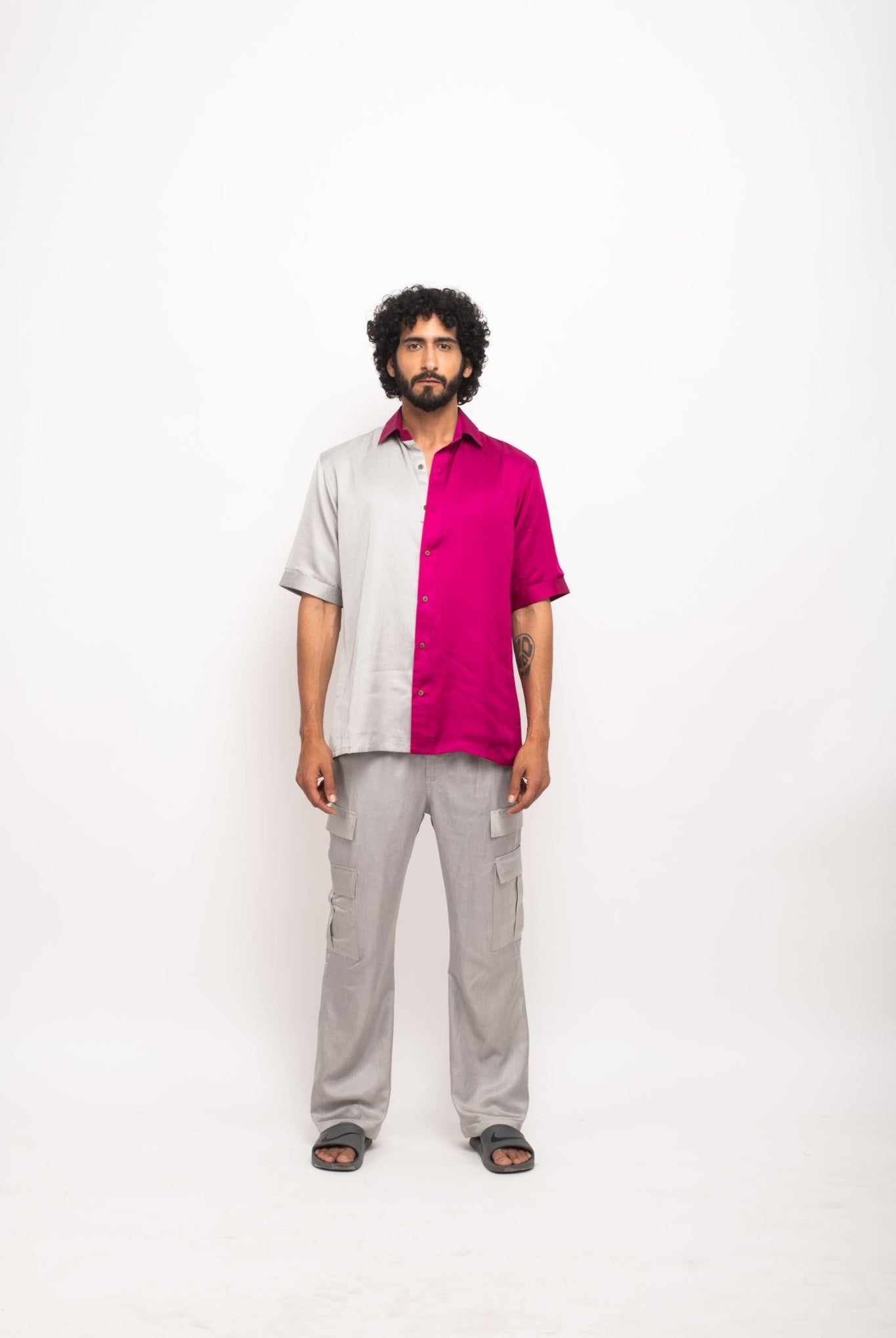 Grey-Wine Colour Blocked Shirt - CiceroniNeora