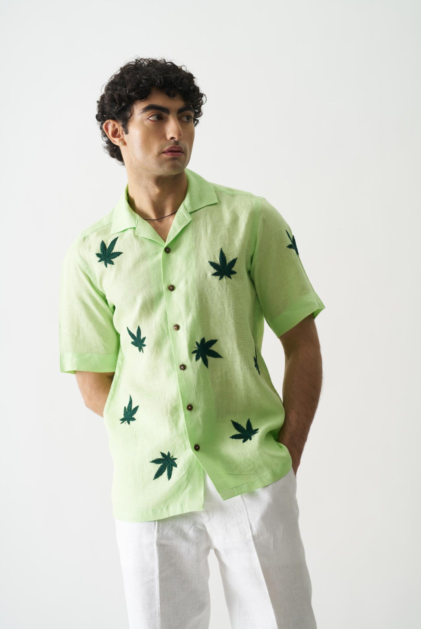 High On Cannabis - Mens Hand Embroidered Pure Linen Shirt - CiceroniShirtsCultura Studio