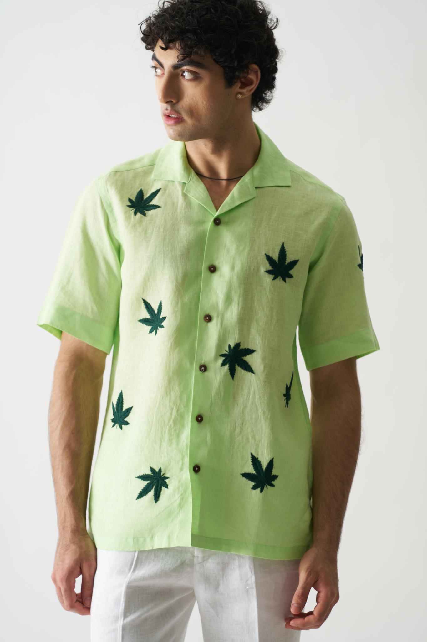 High On Cannabis - Mens Hand Embroidered Pure Linen Shirt - CiceroniShirtsCultura Studio