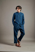 Indigo Linen Band Collar Shirt - CiceroniShirtsSaphed