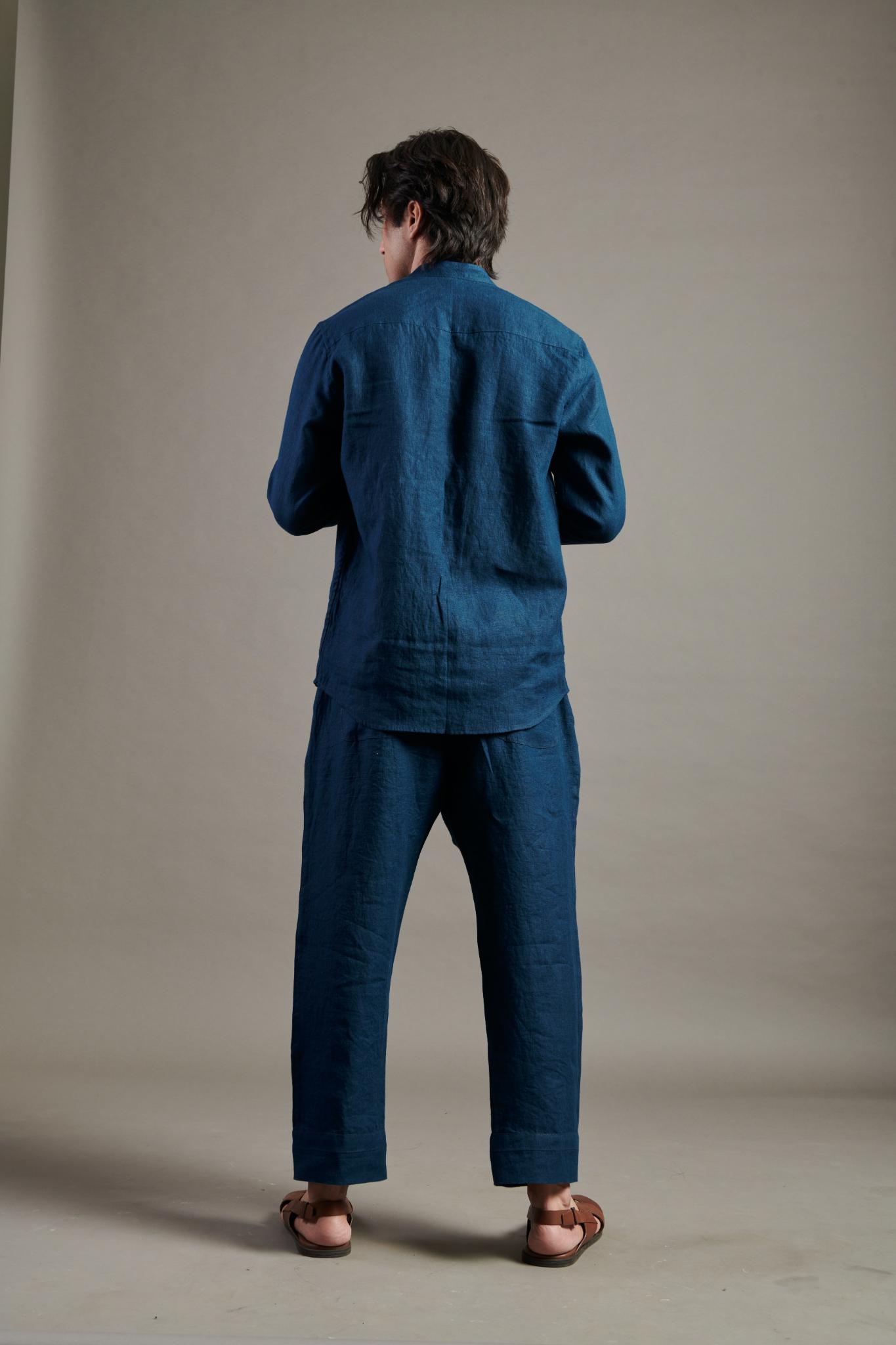 Indigo Linen Band Collar Shirt - CiceroniShirtsSaphed