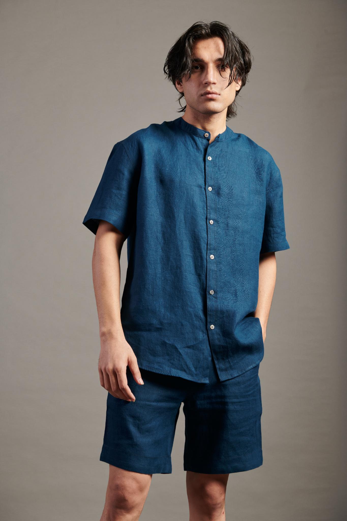 Indigo Linen Half Sleeves Band Collar Shirt - CiceroniShirtsSaphed