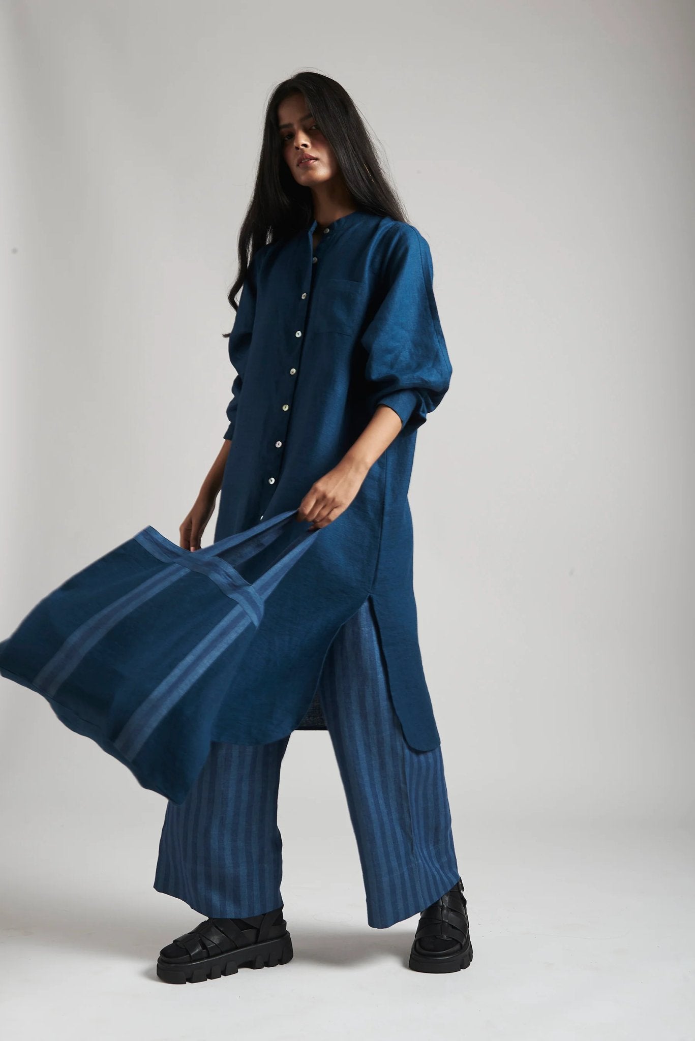Indigo Linen Shirt Dress - CiceroniDressesSaphed