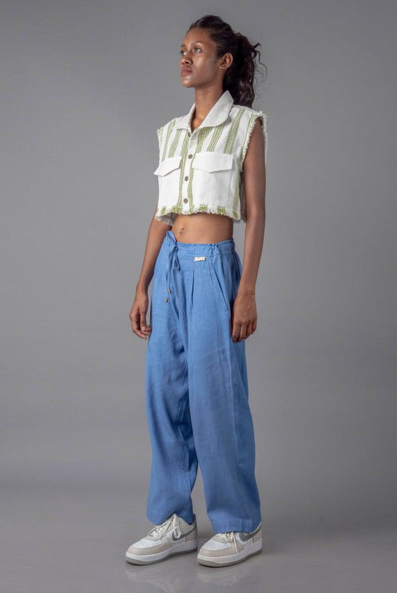 Jharkhand Handloom Textile Unisex Blue Wide Leg Pant - CiceroniPantsJohargram