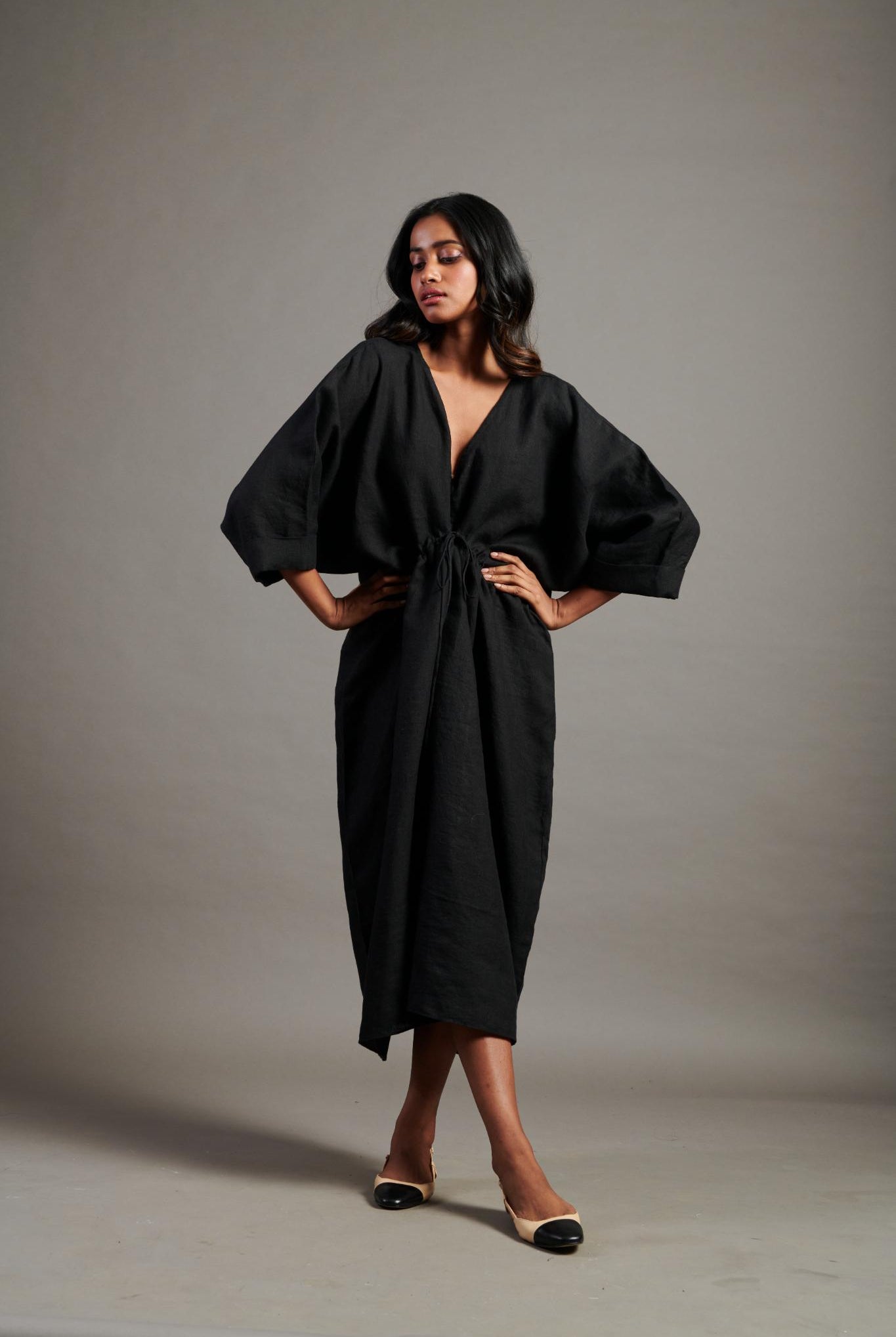 Kohl Linen Gathered Kaftan Dress - CiceroniKaftanSaphed