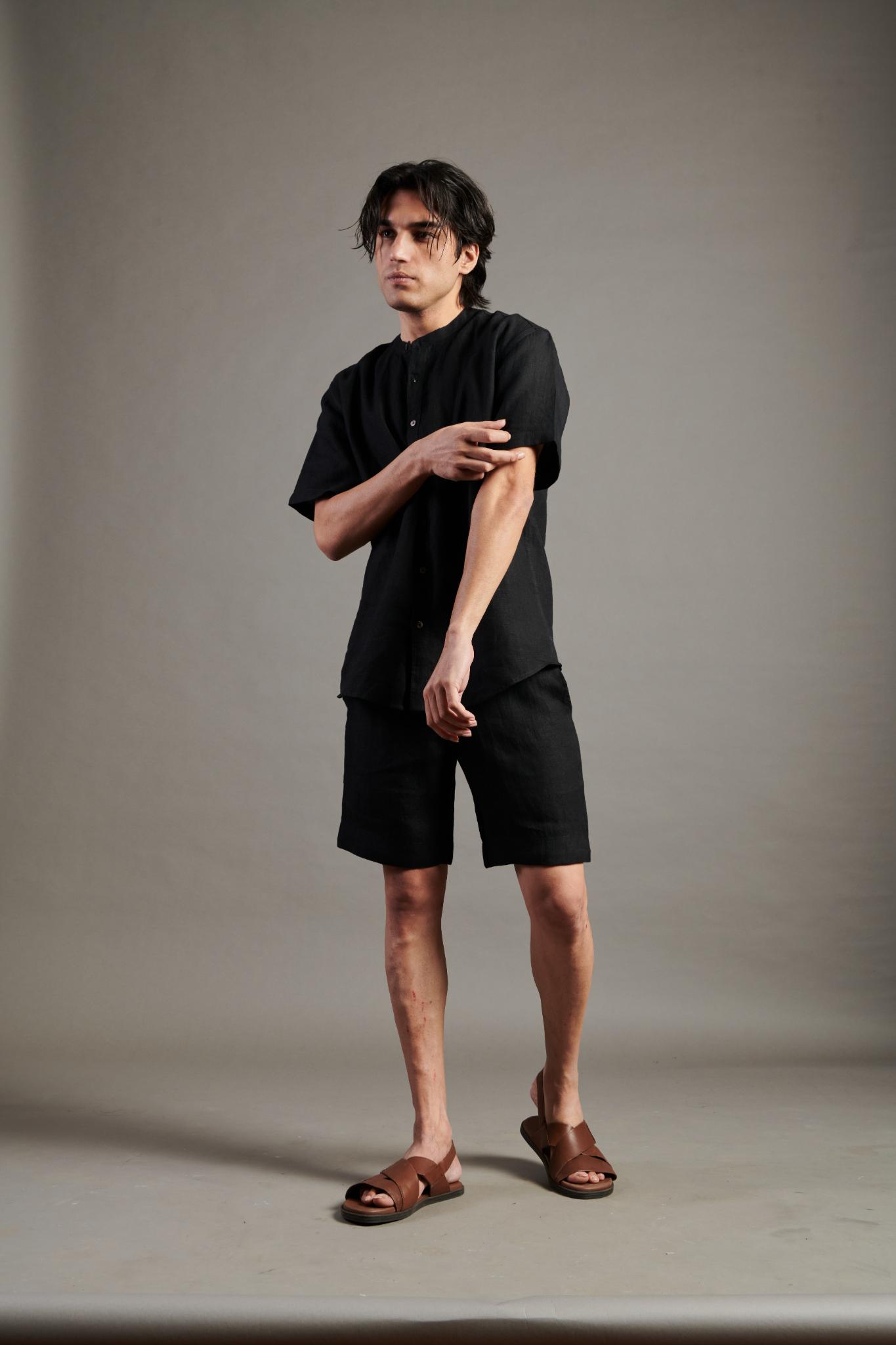 Kohl Linen Half Sleeves Band Collar Shirt - CiceroniShirtsSaphed