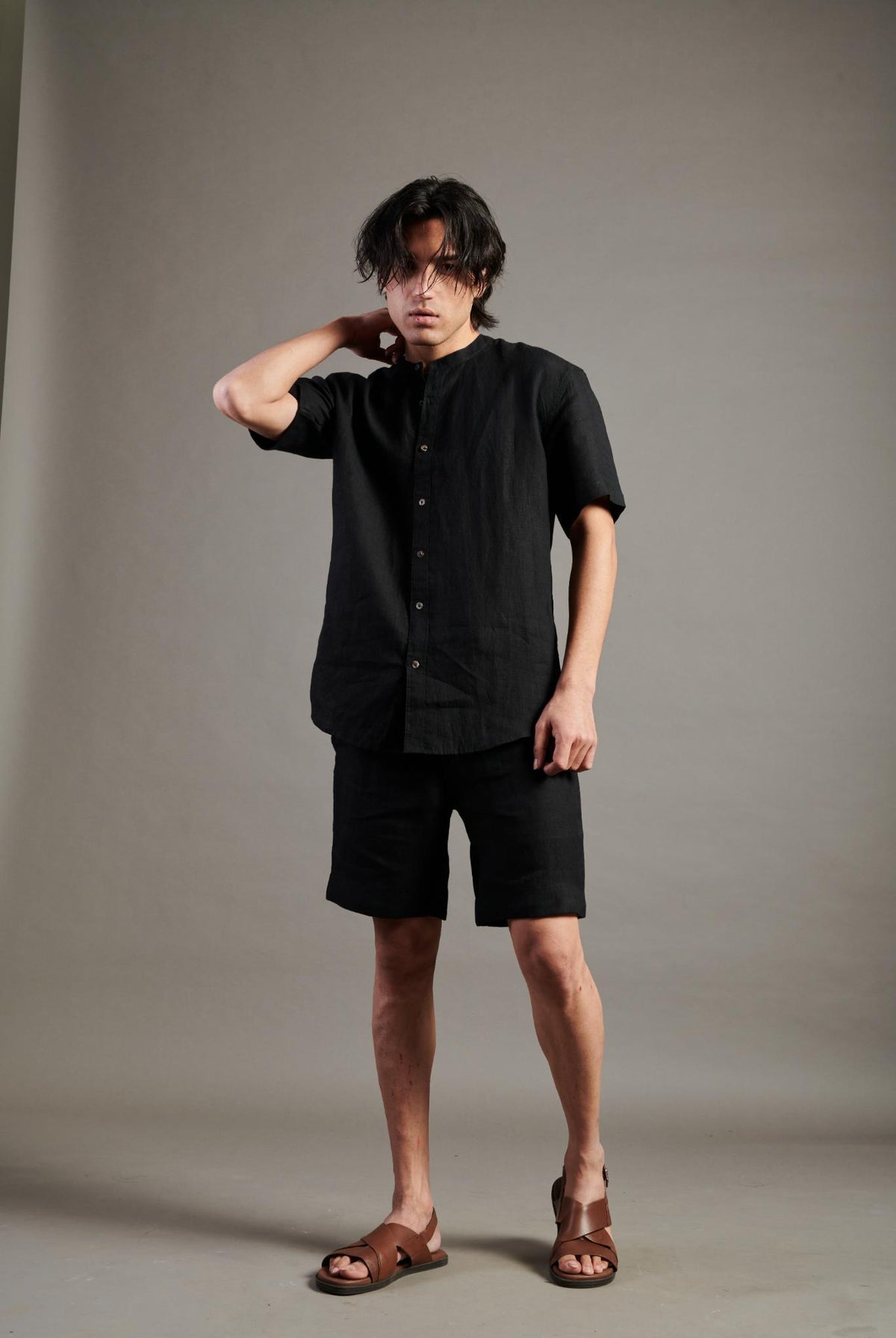 Kohl Linen Half Sleeves Band Collar Shirt - CiceroniShirtsSaphed