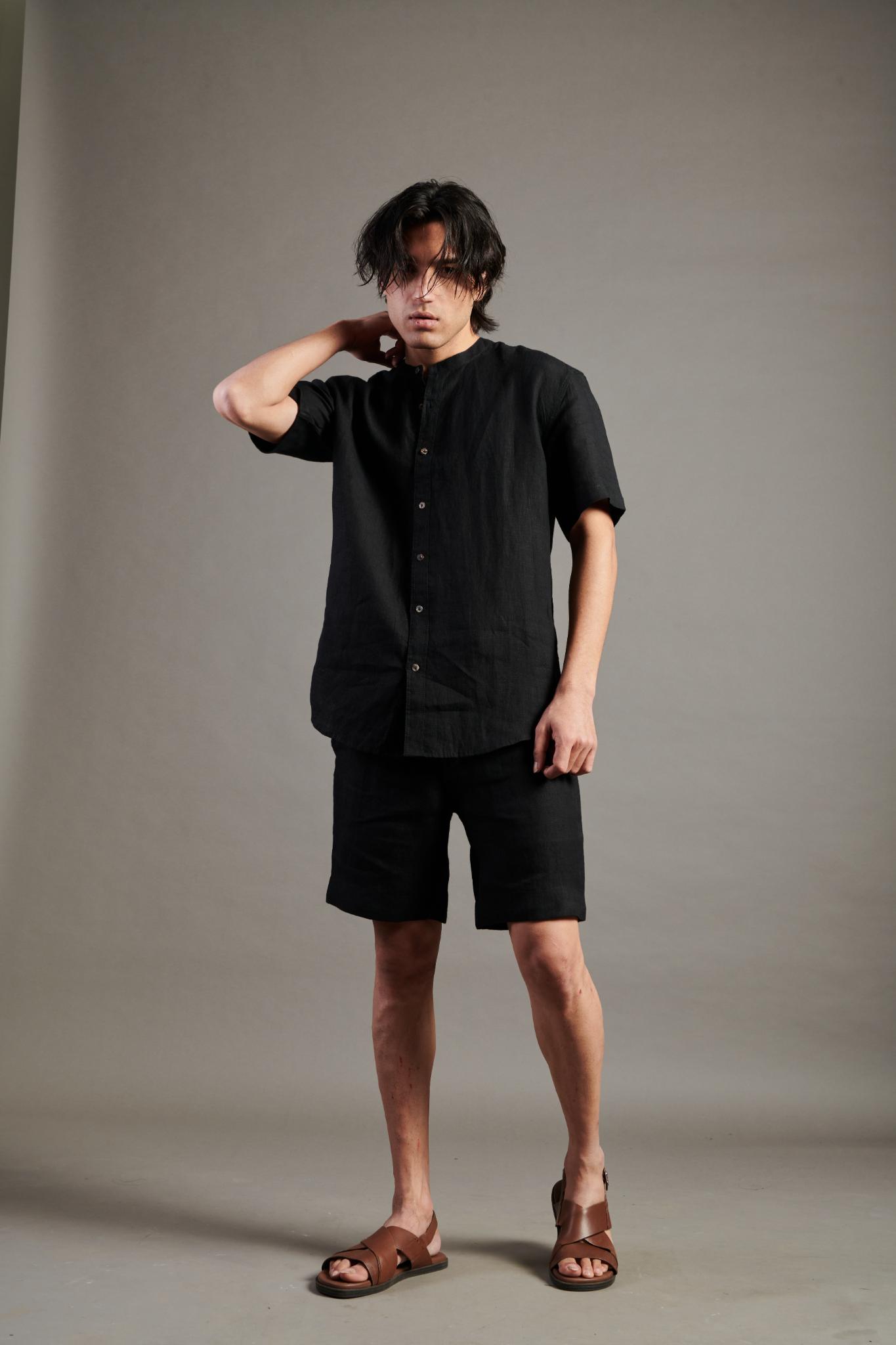 Kohl Linen Half Sleeves Band Collar Shirt - CiceroniShirtsSaphed