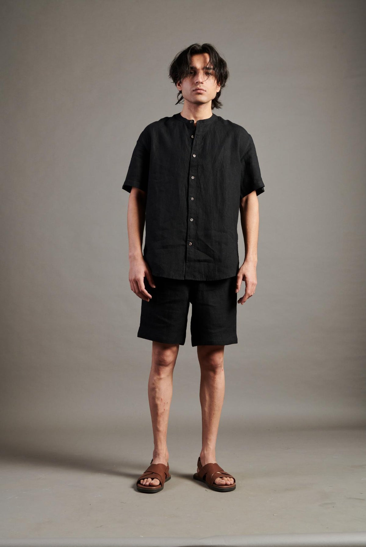 Kohl Linen Half Sleeves Band Collar Shirt - CiceroniShirtsSaphed