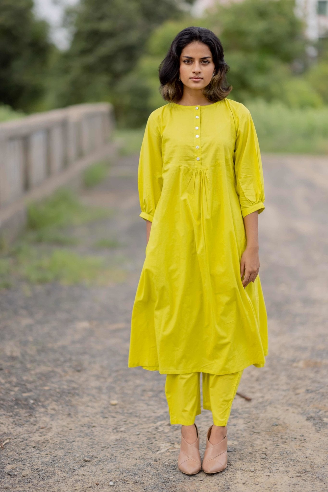 Lime yellow gathered Kurta set - CiceroniKurtaMaidaan