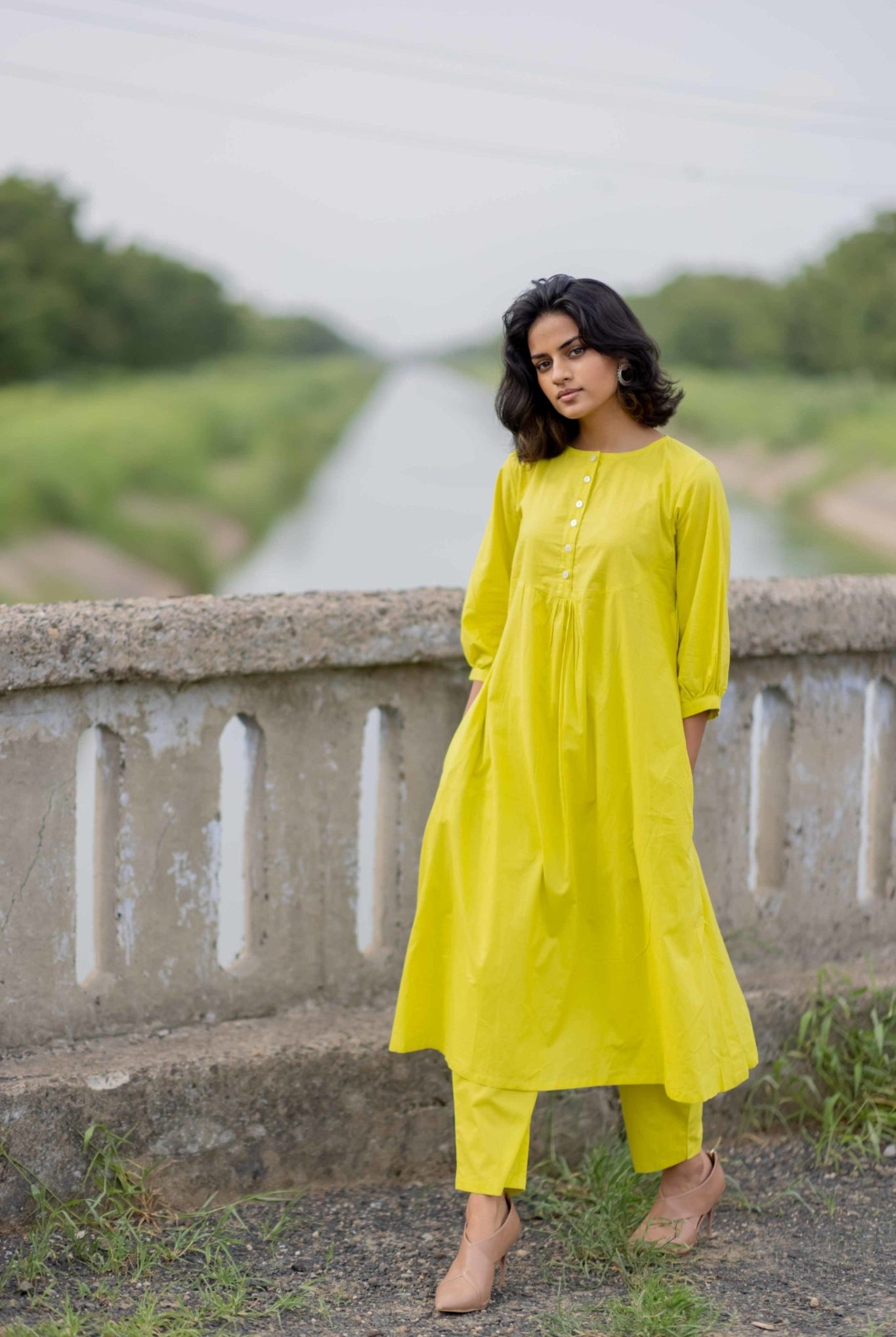 Lime yellow gathered Kurta set - CiceroniKurtaMaidaan