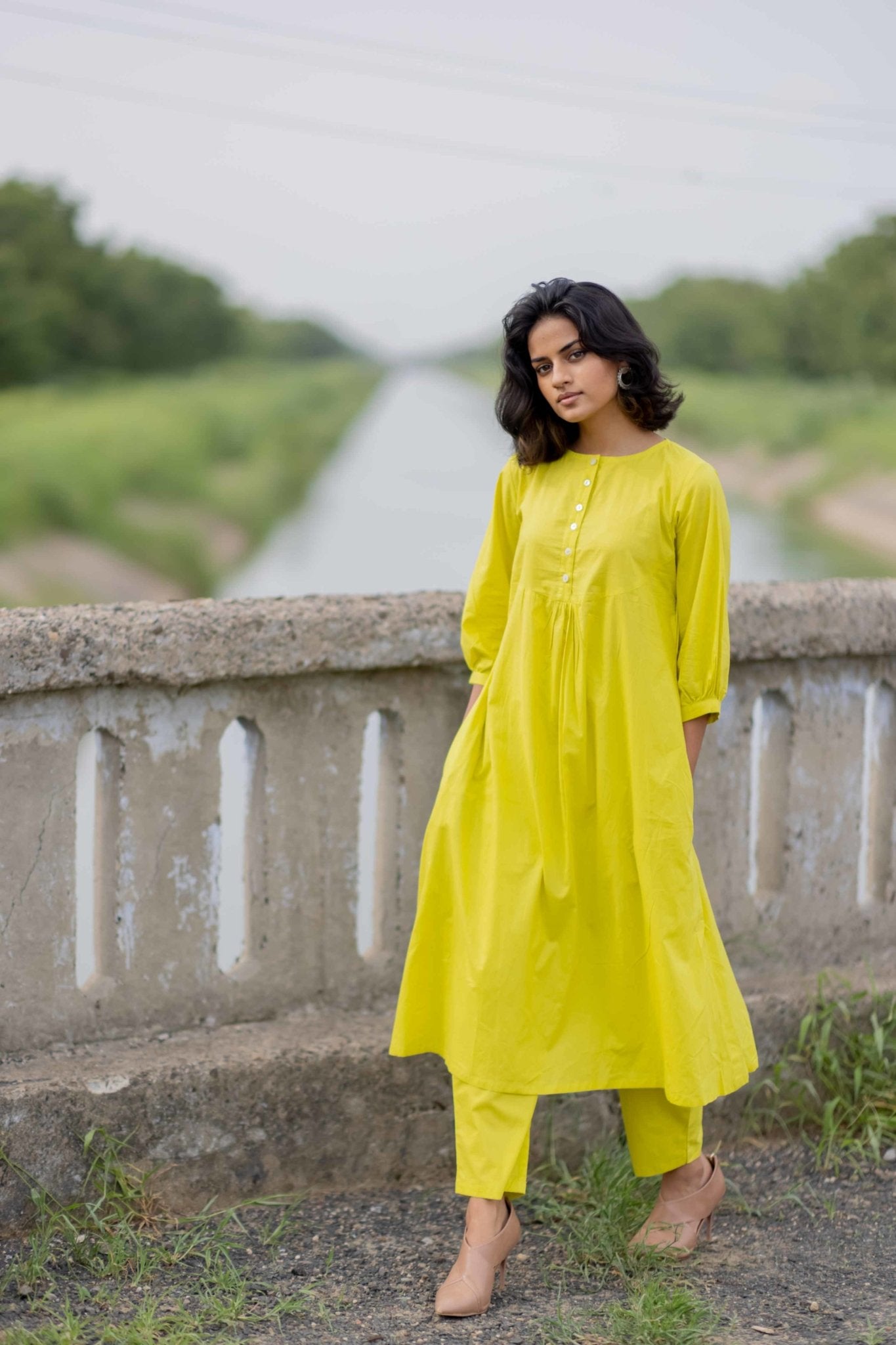 Lime yellow gathered Kurta set - CiceroniKurtaMaidaan