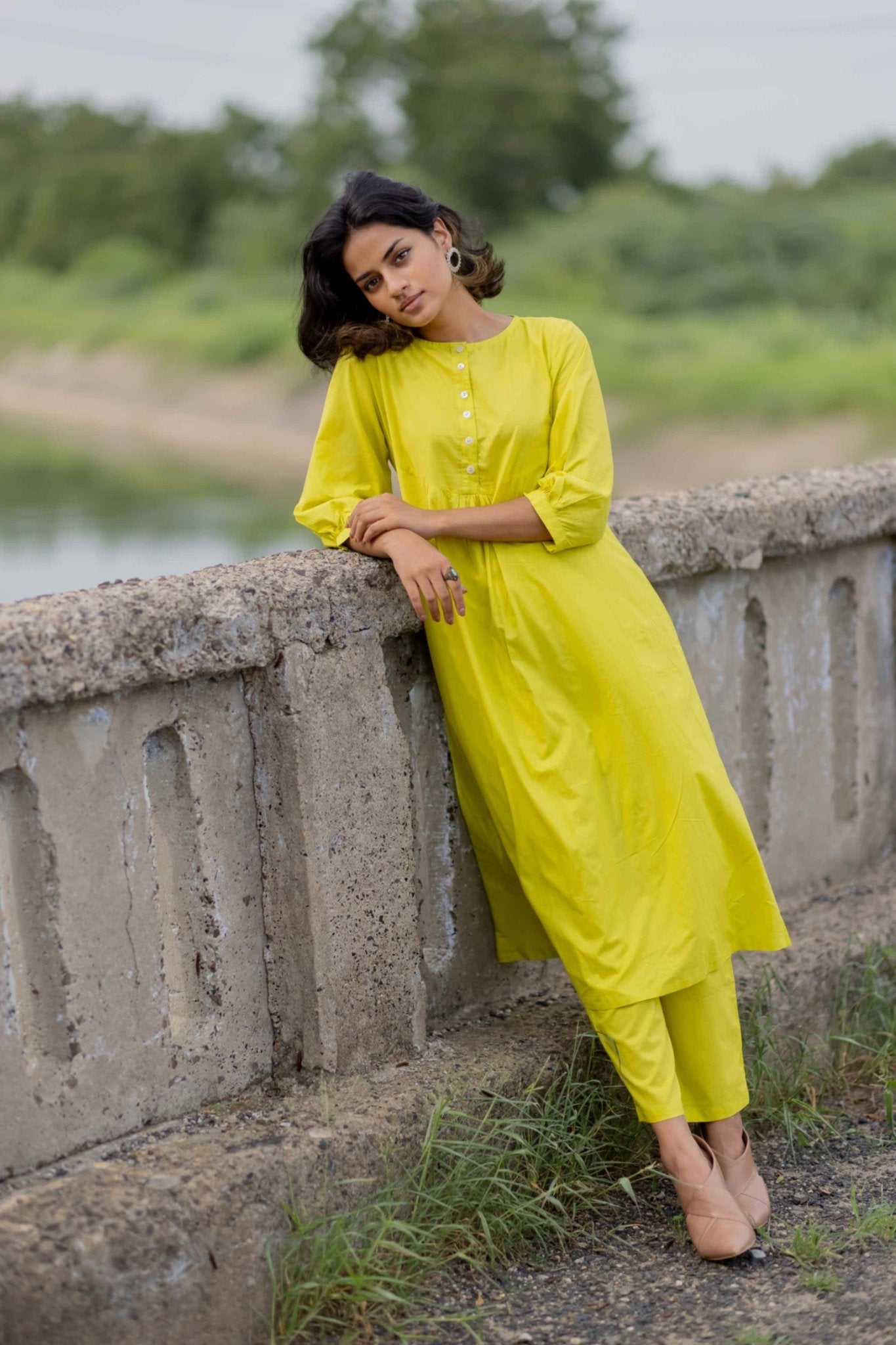 Lime yellow gathered Kurta set - CiceroniKurtaMaidaan