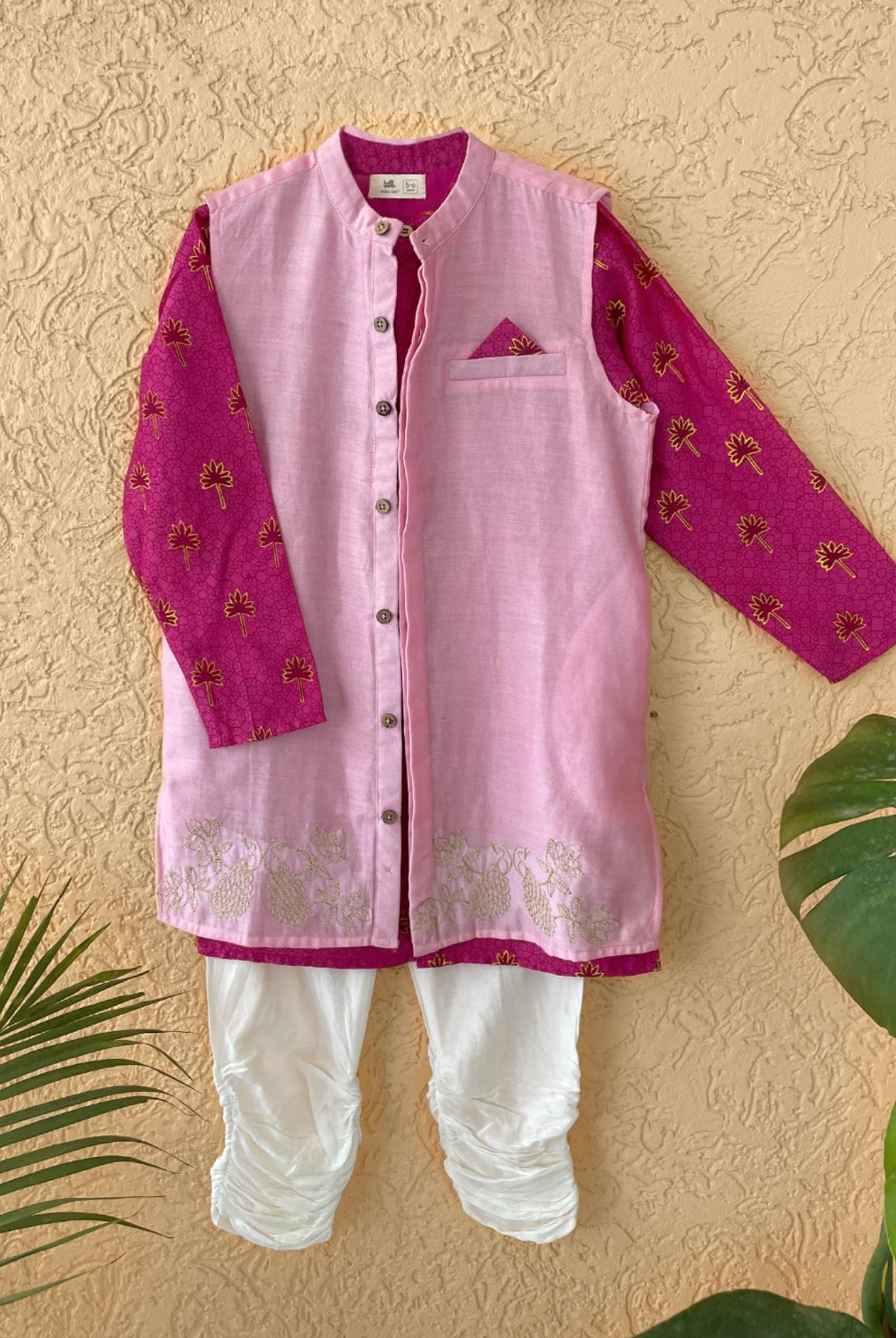 Maanik Cotton Silk Magenta Block Printed Kurta with Zari Embroidered Long Sherwani Jacket and Churidaar - CiceroniKurta SetMiko Lolo
