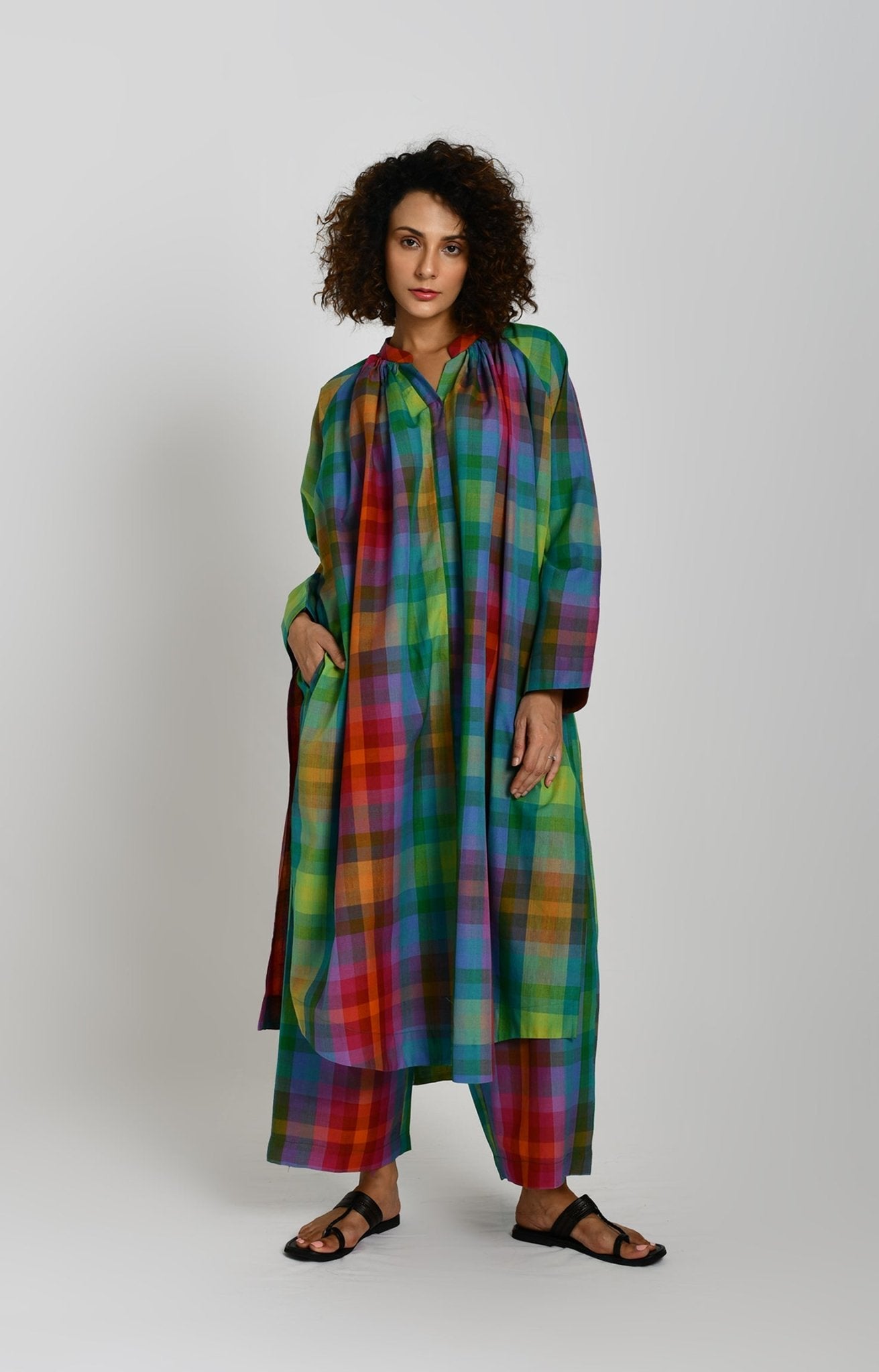 Madras Checks Neck Gather Kurta - CiceroniKurtaHiranya