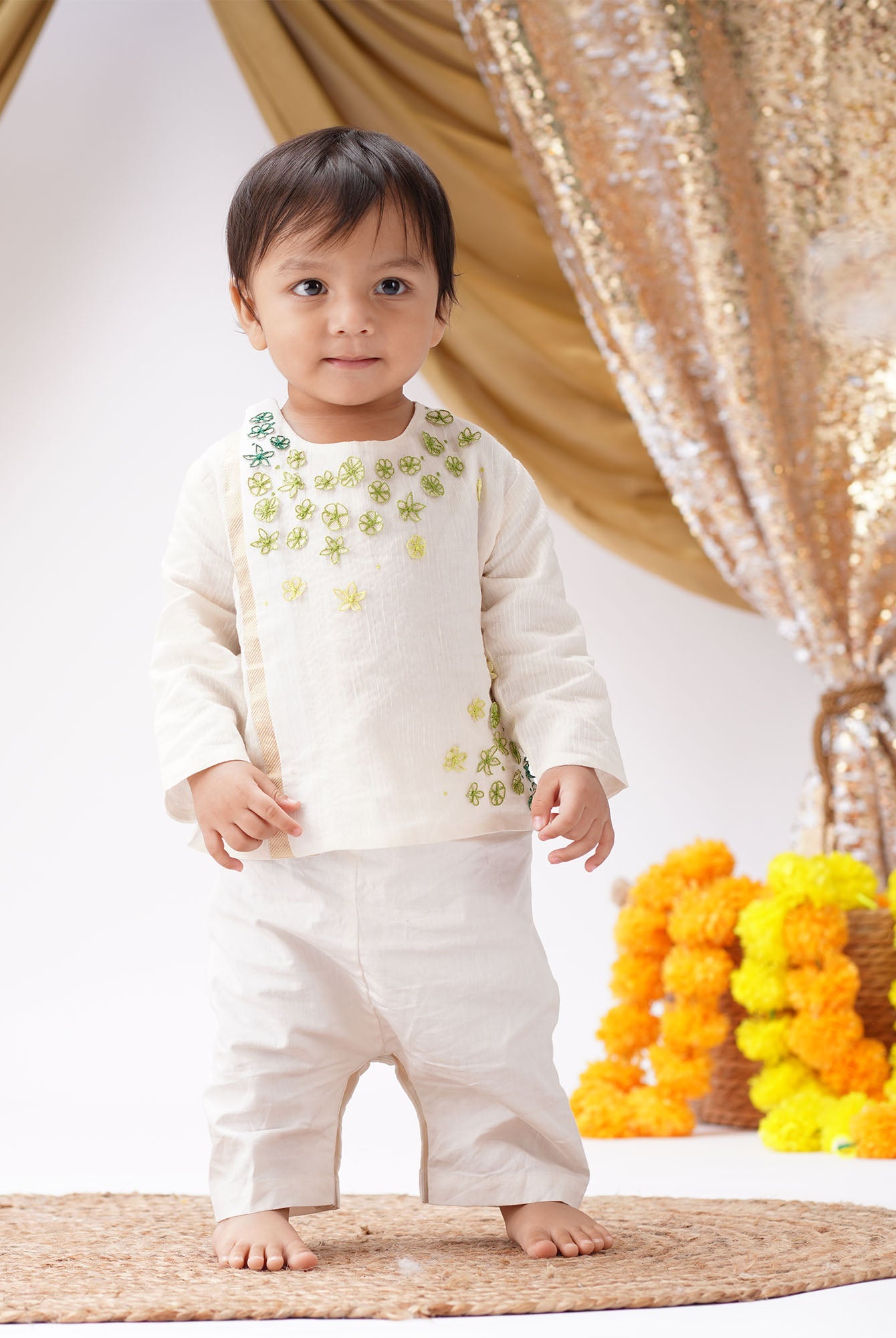 Maheshwari Handwoven Cotton Silk Short Kurta & Pant Set - Palash - Pack of 2 - CiceroniKurta SetGreendigo