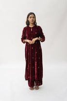 Maroon Noorah Velvet Kurta Set (set of 2) - CiceroniNirjara