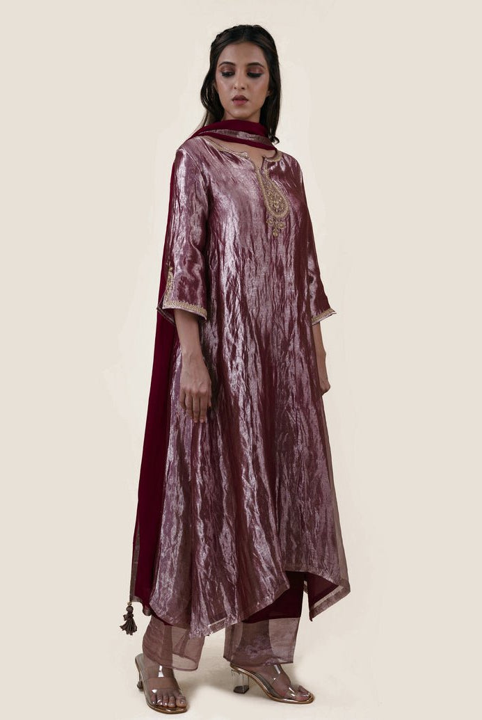 Mauve Tissue - A-line Kurta Set - CiceroniBhavik Shah