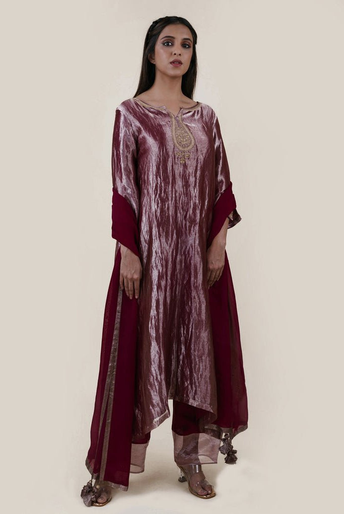 Mauve Tissue - A-line Kurta Set - CiceroniBhavik Shah