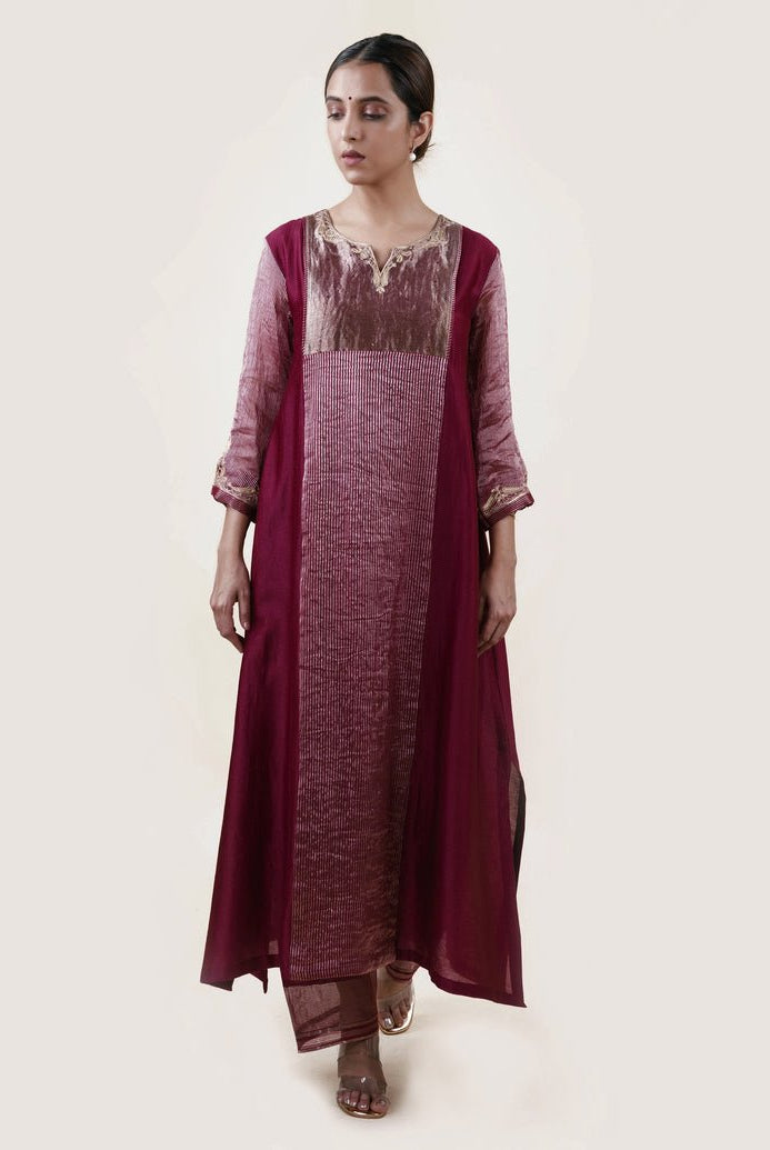 Mauve Tissue Stripes/Chanderi Silk - A-line Kurta Set - CiceroniBhavik Shah
