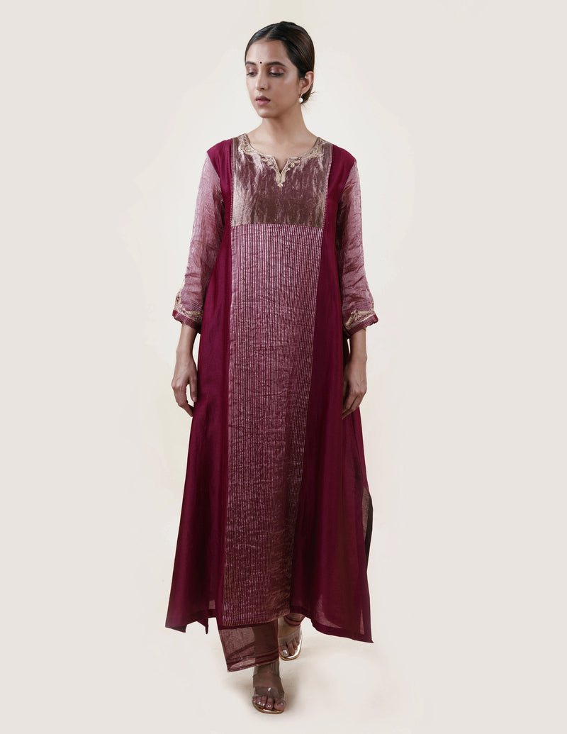 Mauve Tissue Stripes/Chanderi Silk - A-line Kurta Set - CiceroniBhavik Shah