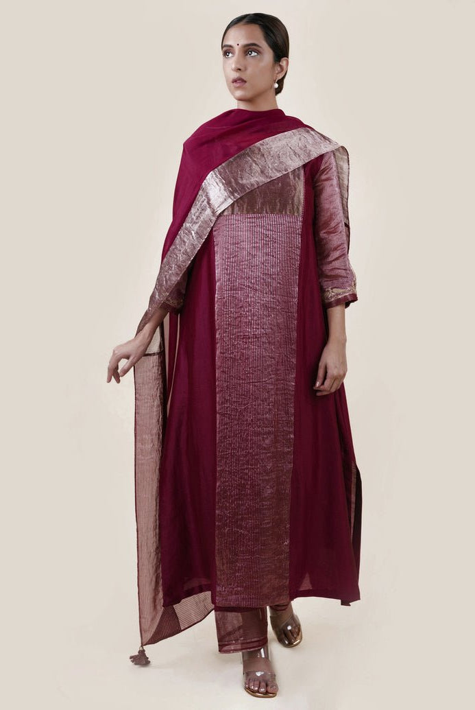 Mauve Tissue Stripes/Chanderi Silk - A-line Kurta Set - CiceroniBhavik Shah