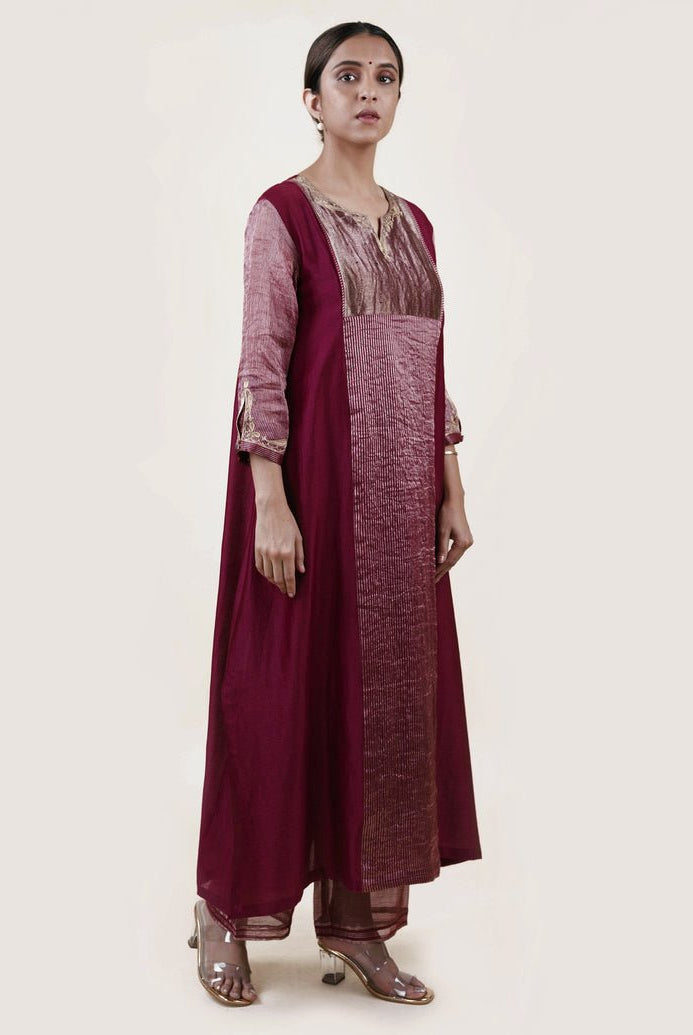 Mauve Tissue Stripes/Chanderi Silk - A-line Kurta Set - CiceroniBhavik Shah