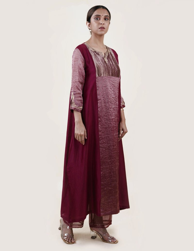 Mauve Tissue Stripes/Chanderi Silk - A-line Kurta Set - CiceroniBhavik Shah