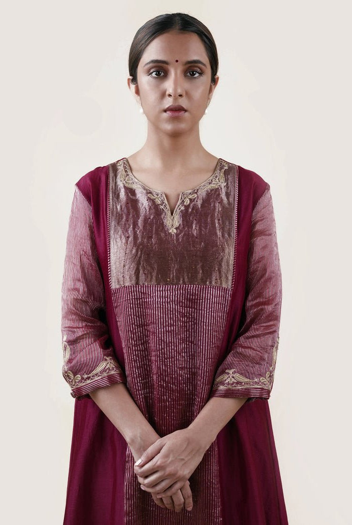 Mauve Tissue Stripes/Chanderi Silk - A-line Kurta Set - CiceroniBhavik Shah