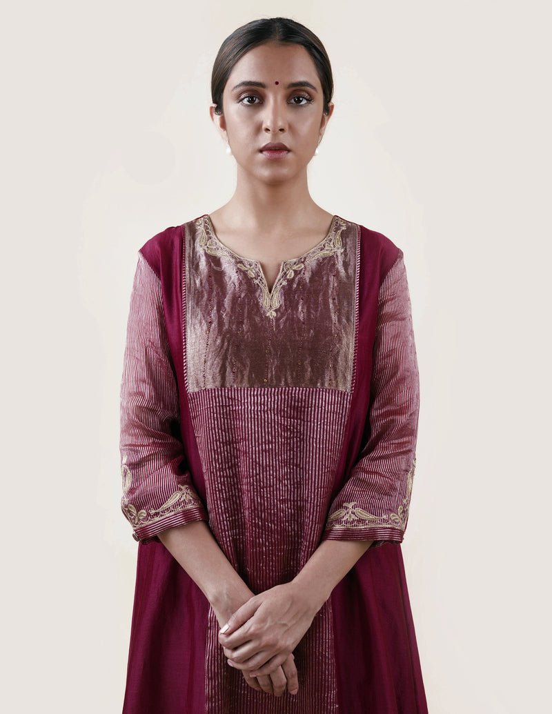 Mauve Tissue Stripes/Chanderi Silk - A-line Kurta Set - CiceroniBhavik Shah