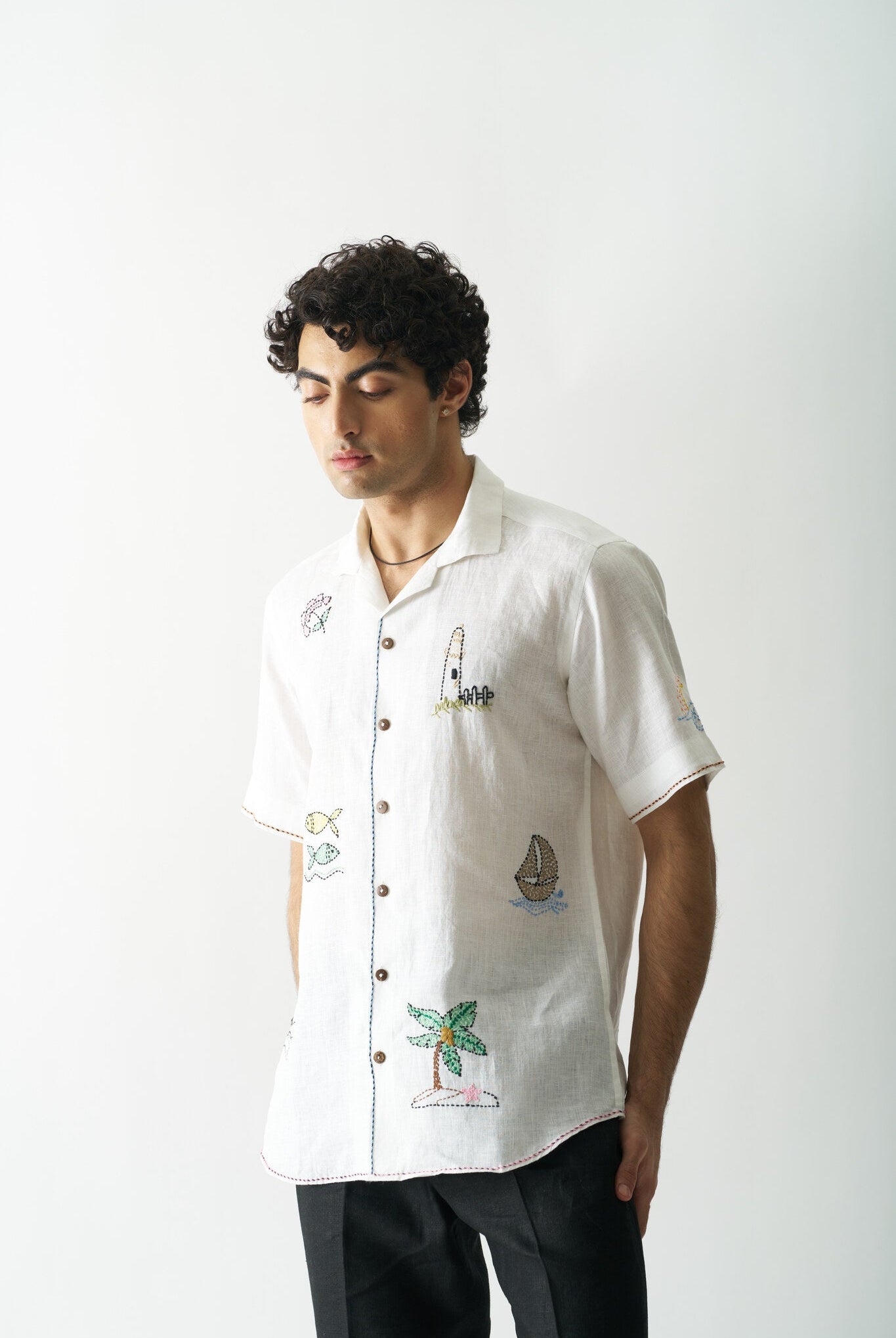 Mens Hand Embroidered Pure Linen Shirt - Beach Bliss - CiceroniShirtCultura Studio