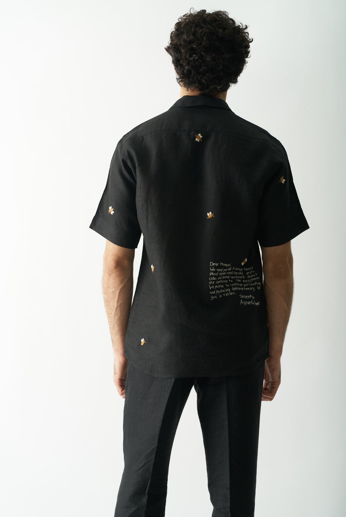 Mens Hand Embroidered Pure Linen Shirt - Buzzing Bees - CiceroniShirtCultura Studio