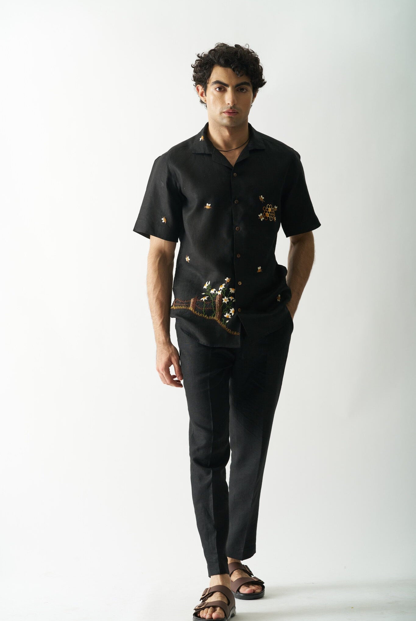 Mens Hand Embroidered Pure Linen Shirt - Buzzing Bees - CiceroniShirtCultura Studio