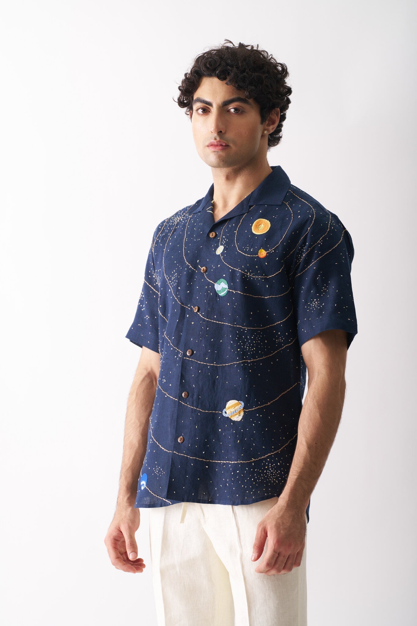 Mens Hand Embroidered Pure Linen Shirt - Celestial Panorama - CiceroniShirtCultura Studio