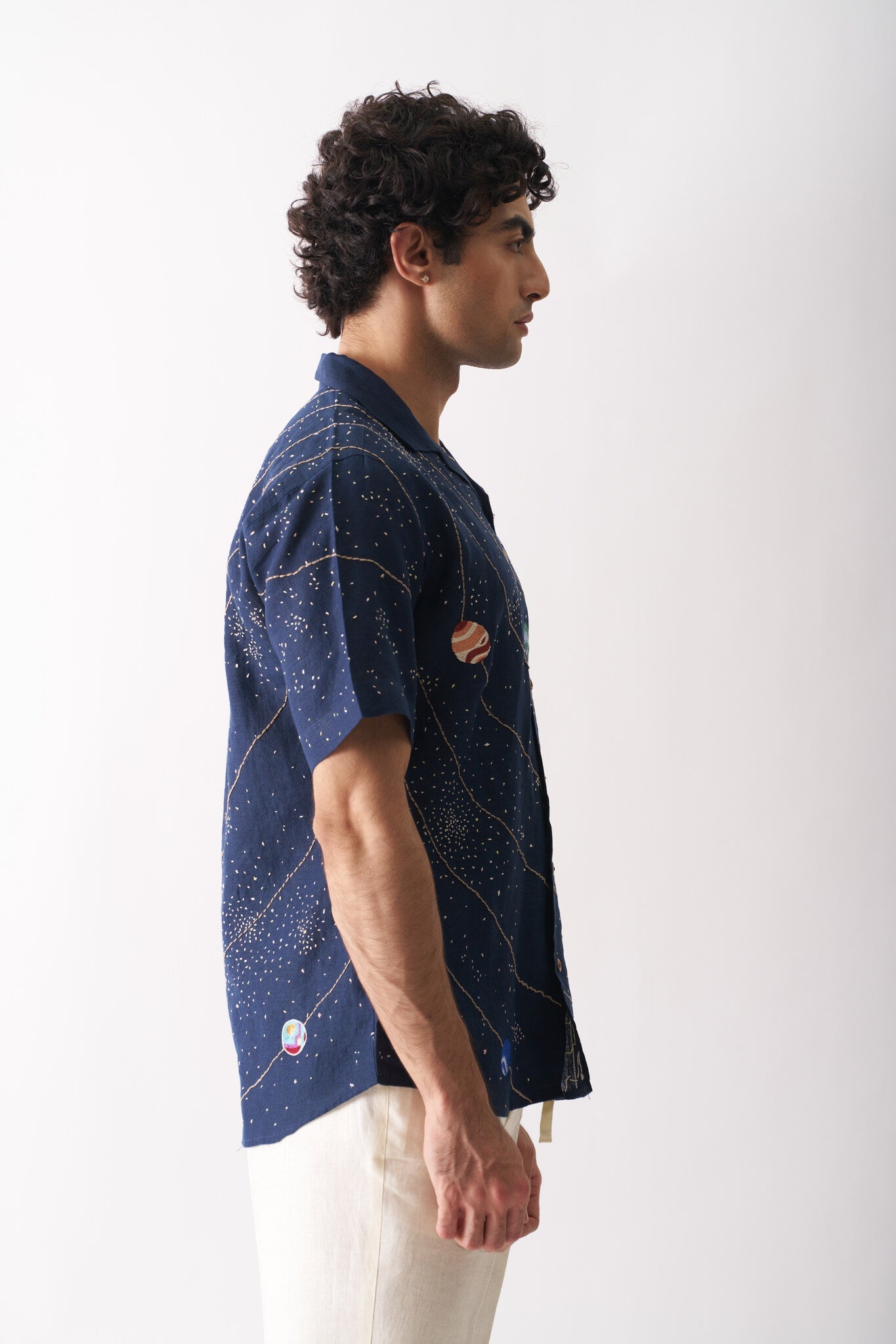 Mens Hand Embroidered Pure Linen Shirt - Celestial Panorama - CiceroniShirtCultura Studio