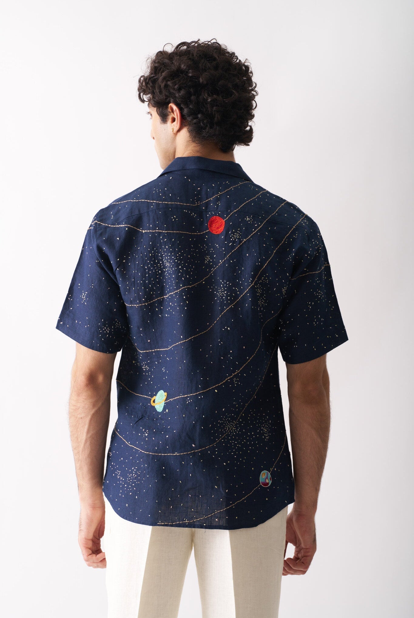 Mens Hand Embroidered Pure Linen Shirt - Celestial Panorama - CiceroniShirtCultura Studio