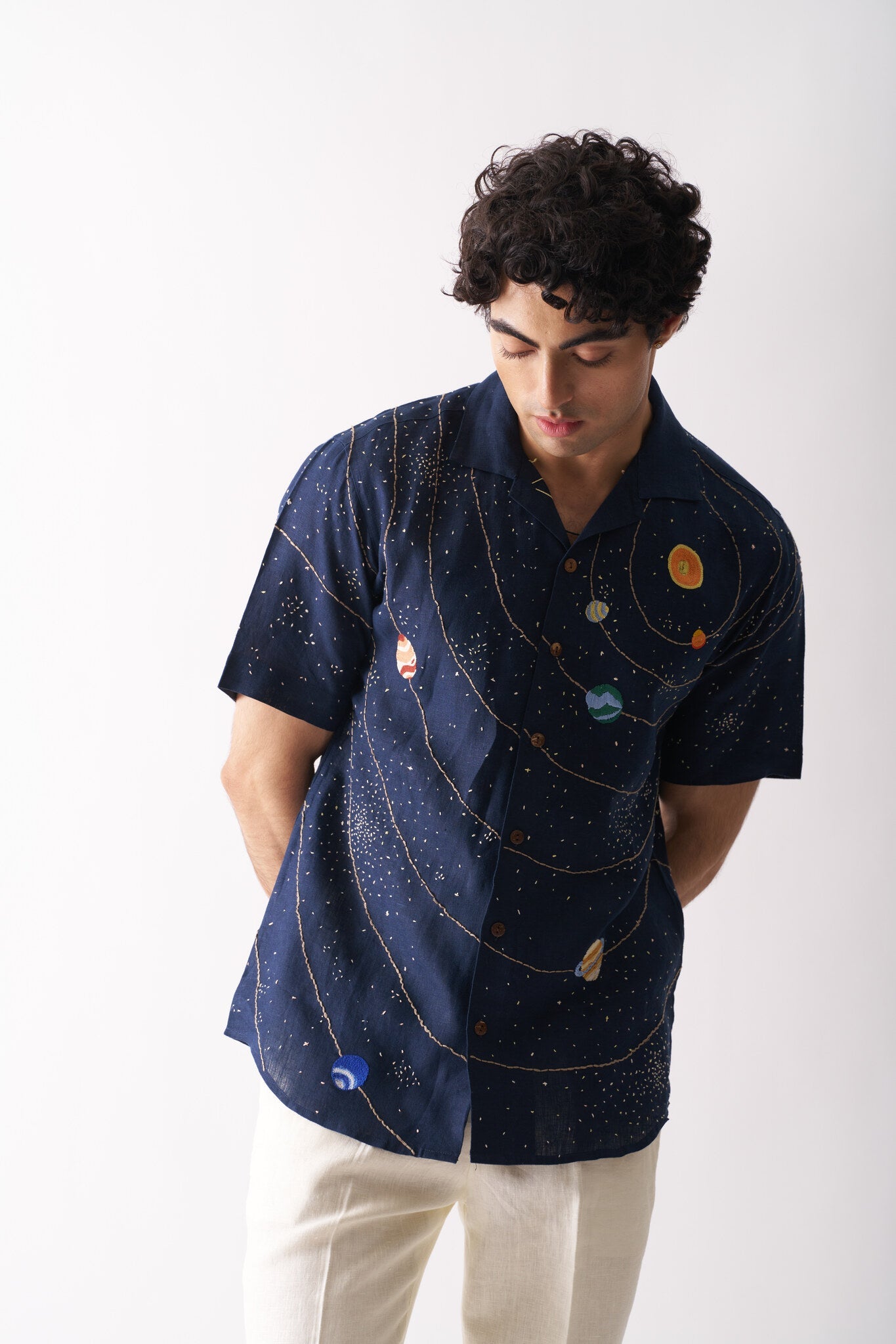 Mens Hand Embroidered Pure Linen Shirt - Celestial Panorama - CiceroniShirtCultura Studio