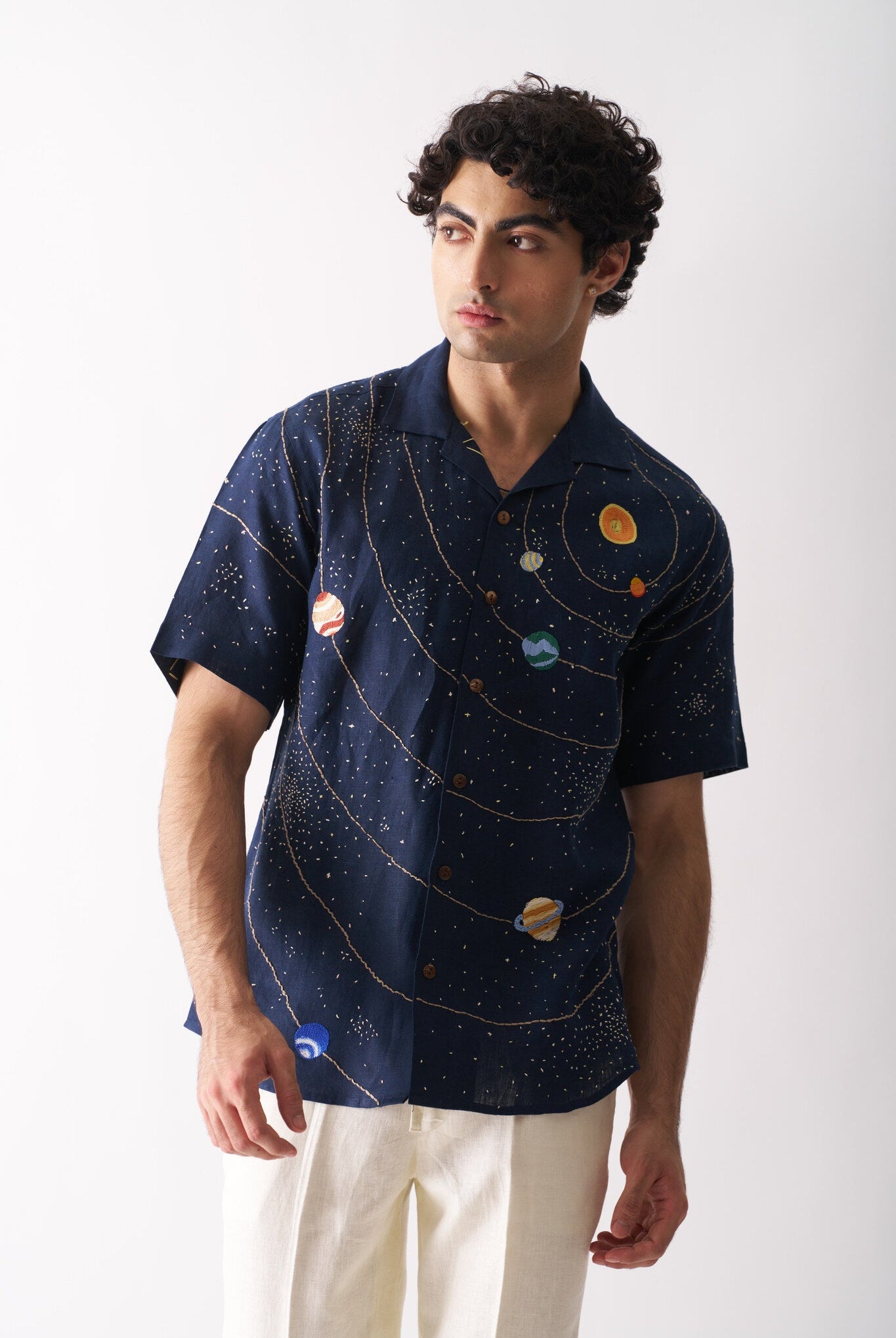 Mens Hand Embroidered Pure Linen Shirt - Celestial Panorama - CiceroniShirtCultura Studio