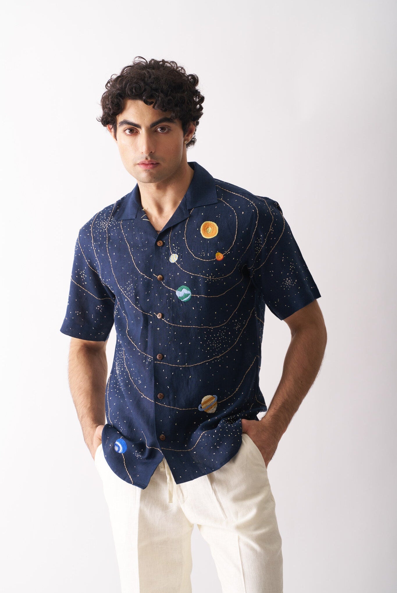 Mens Hand Embroidered Pure Linen Shirt - Celestial Panorama - CiceroniShirtCultura Studio