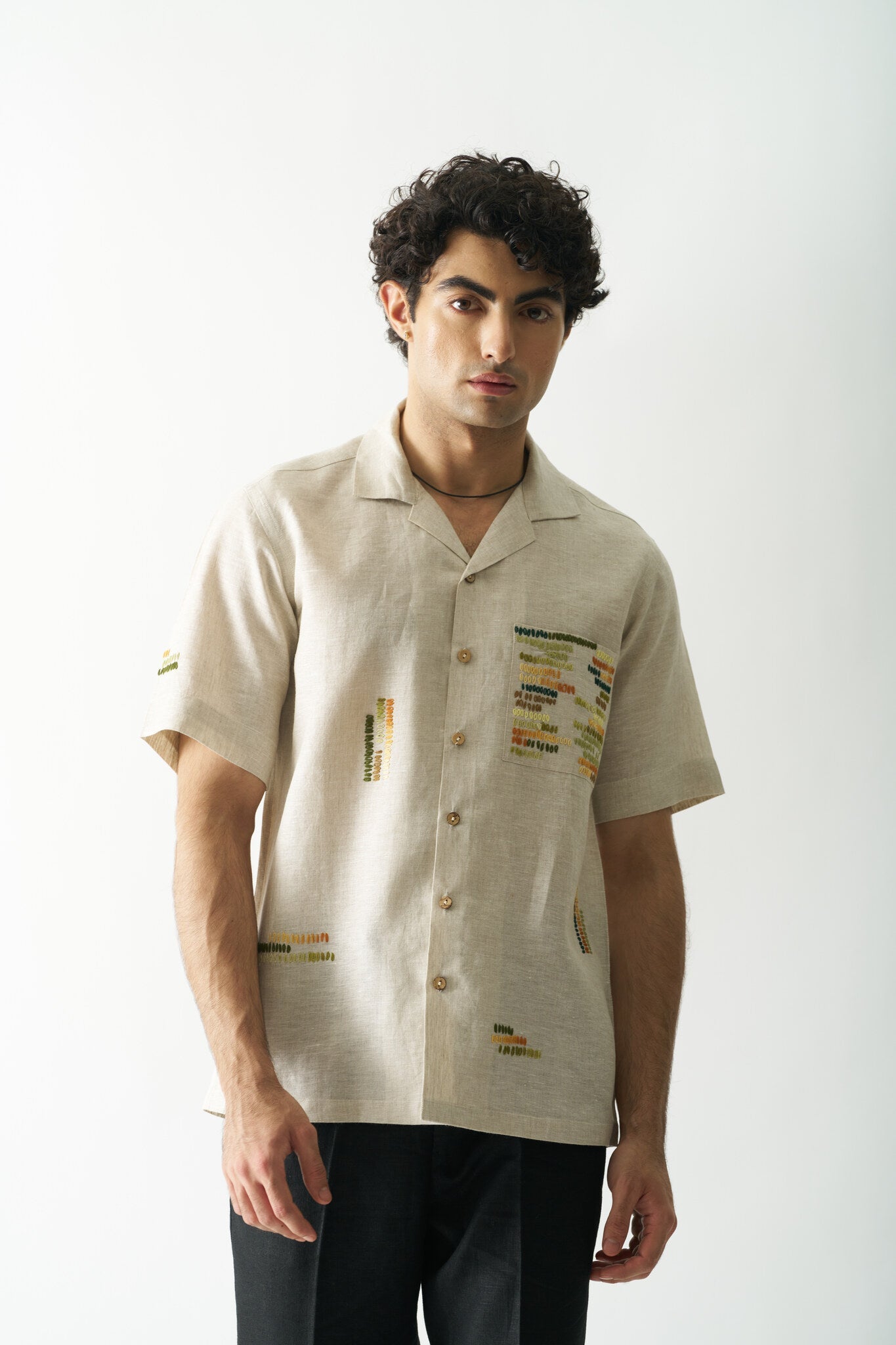 Mens Hand Embroidered Pure Linen Shirt - Classical Elegance - CiceroniShirtCultura Studio