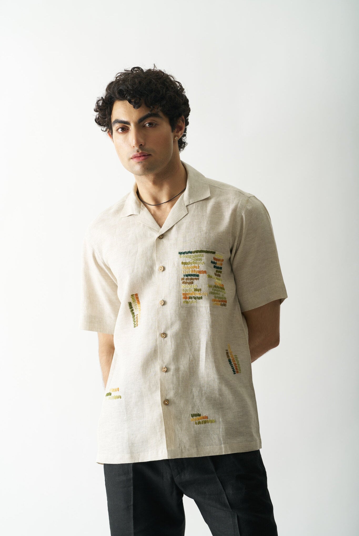 Mens Hand Embroidered Pure Linen Shirt - Classical Elegance - CiceroniShirtCultura Studio