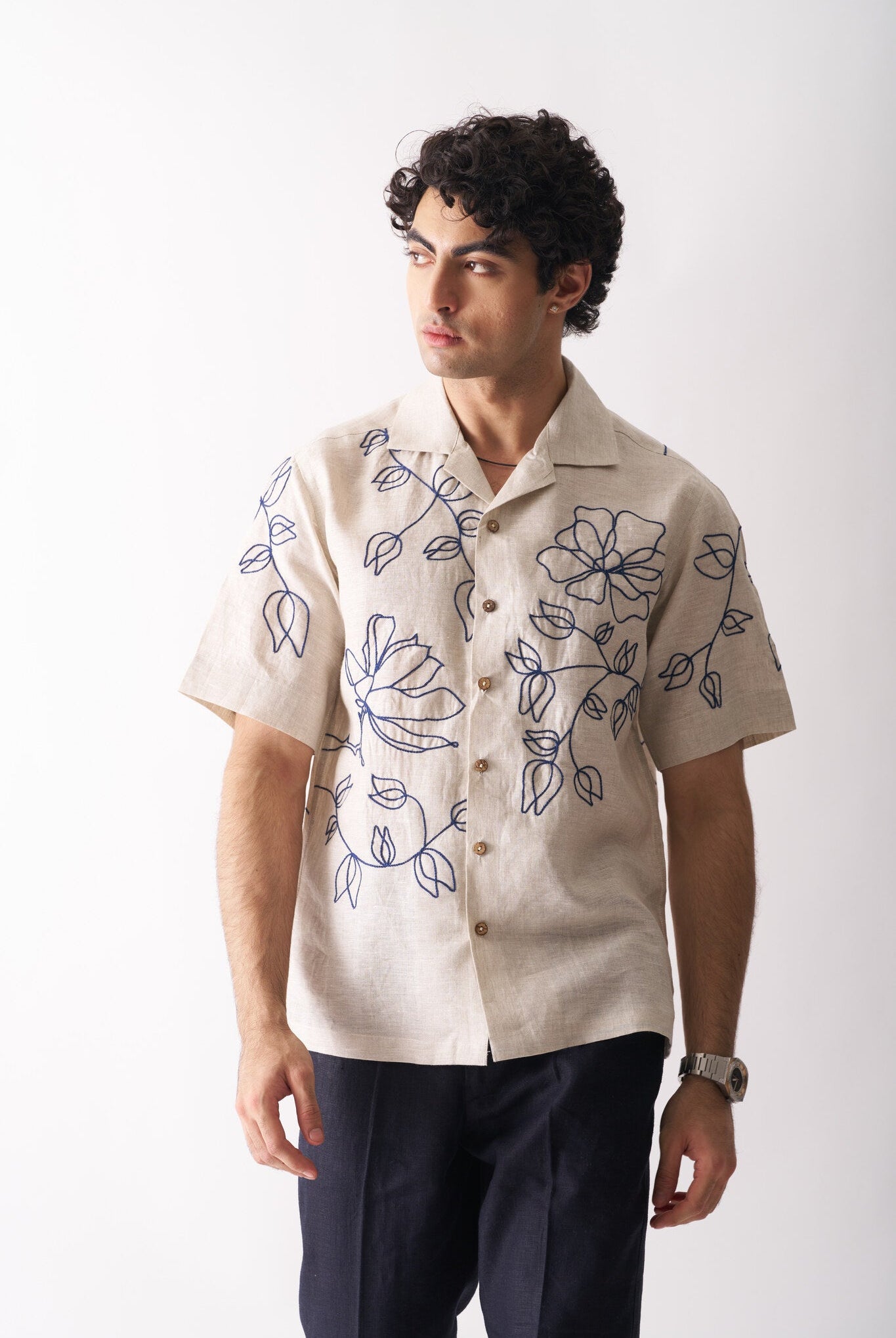 Mens Hand Embroidered Pure Linen Shirt - Floral Serenade - CiceroniShirtCultura Studio
