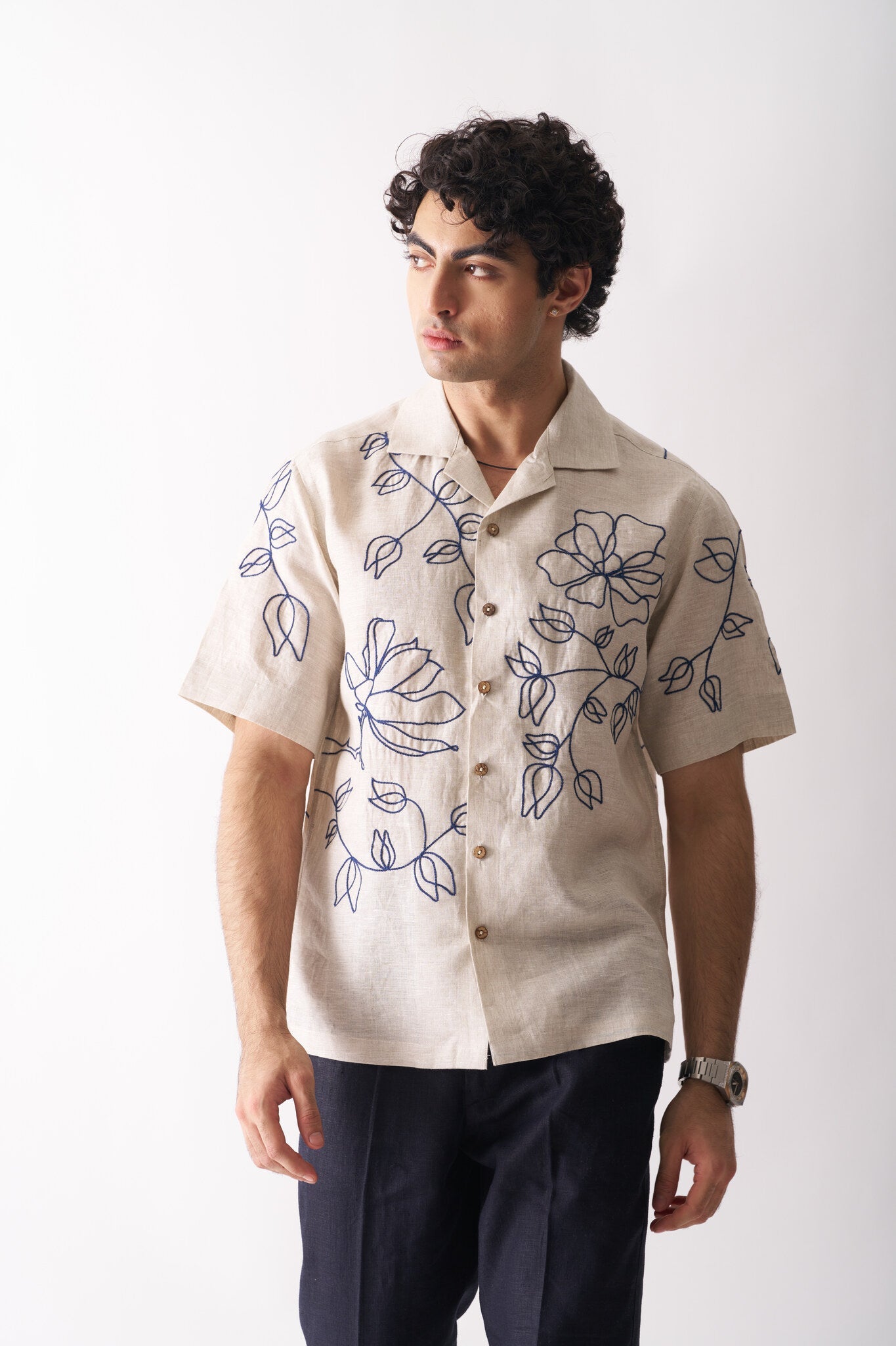Mens Hand Embroidered Pure Linen Shirt - Floral Serenade - CiceroniShirtCultura Studio