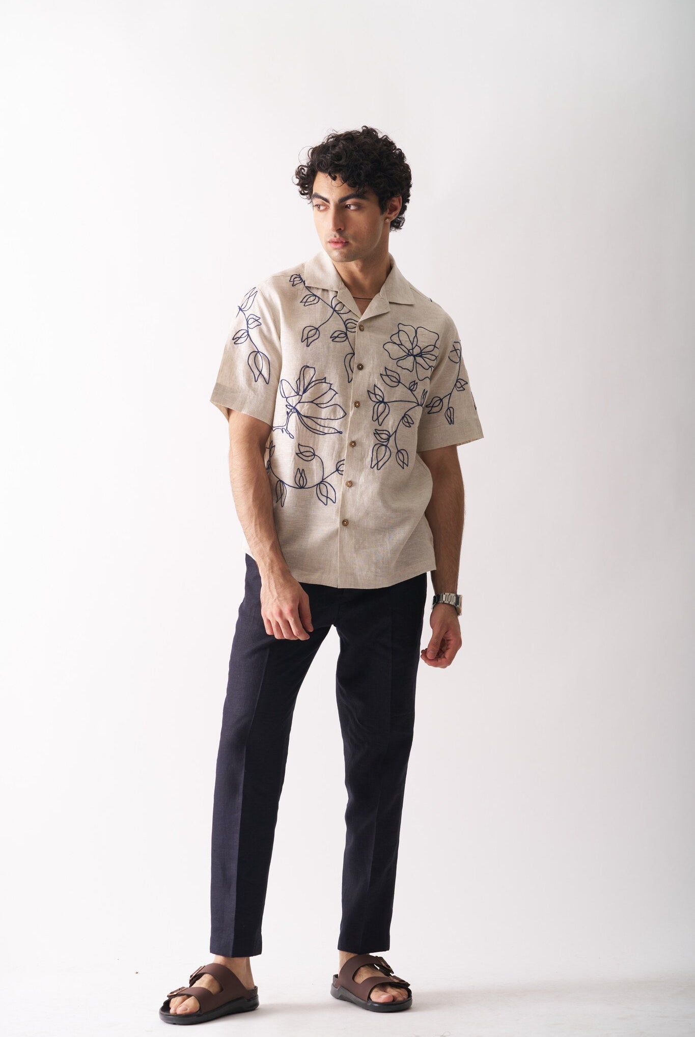 Mens Hand Embroidered Pure Linen Shirt - Floral Serenade - CiceroniShirtCultura Studio