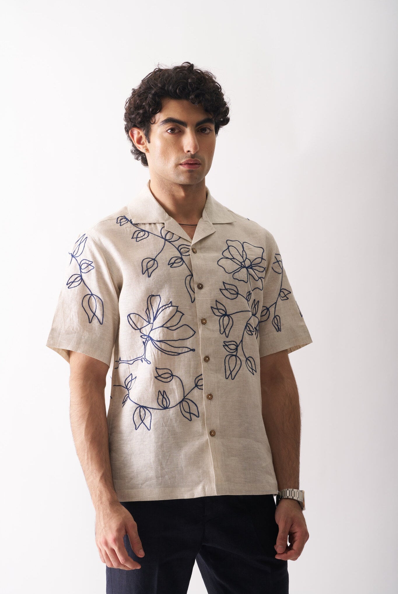Mens Hand Embroidered Pure Linen Shirt - Floral Serenade - CiceroniShirtCultura Studio